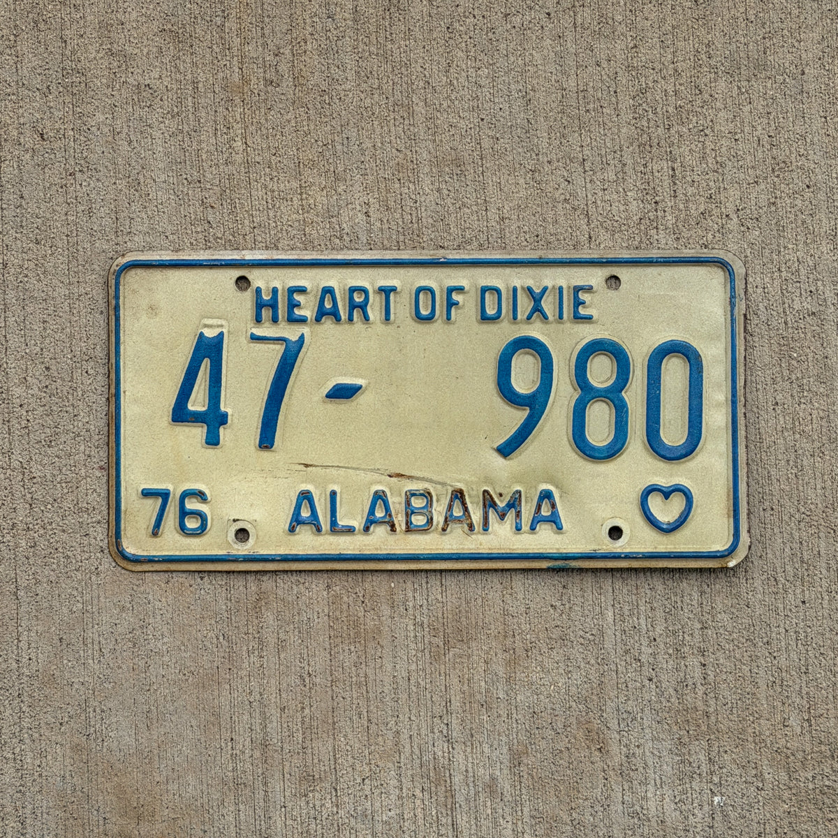 Photo of a 1976 Alabama License Plate Auto Tag Garage Decor Vintage 47 980 with original patina