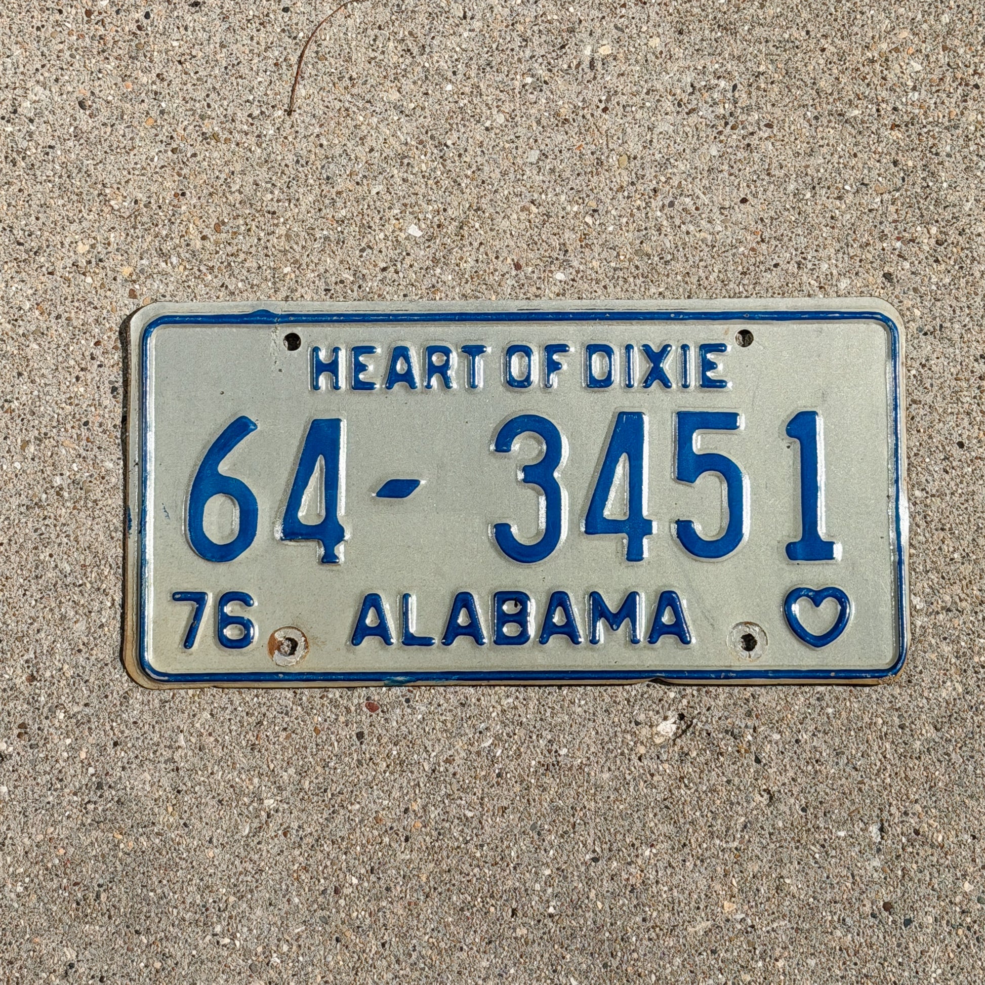 Photo of a 1976 Alabama License Plate Auto Tag Garage Decor Vintage 64 3451 with original patina