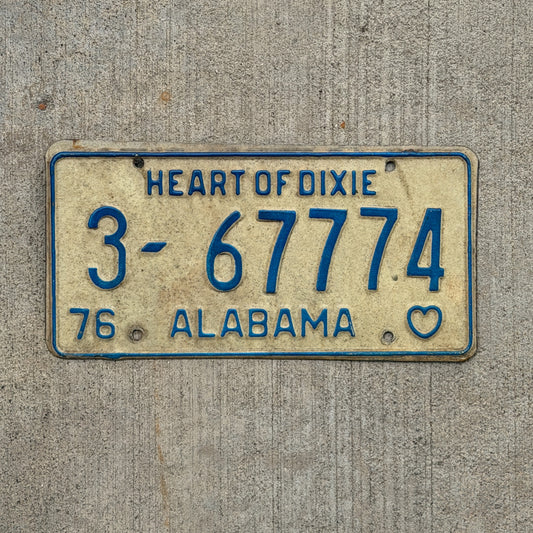 Photo of a 1976 Alabama License Plate Auto Tag Garage Decor Vintage Lucky 7 Repeat Repeating 3 67774 with original patina