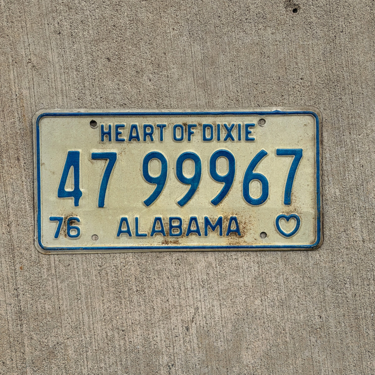 Photo of a 1976 Alabama License Plate Auto Tag Garage Decor Vintage Repeat Repeating 47 99967 with original patina