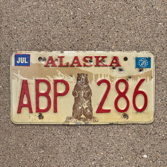 Photo of a 1976 Alaska License Plate Auto Tag Garage Decor Vintage Bear ABP 286 with original patina