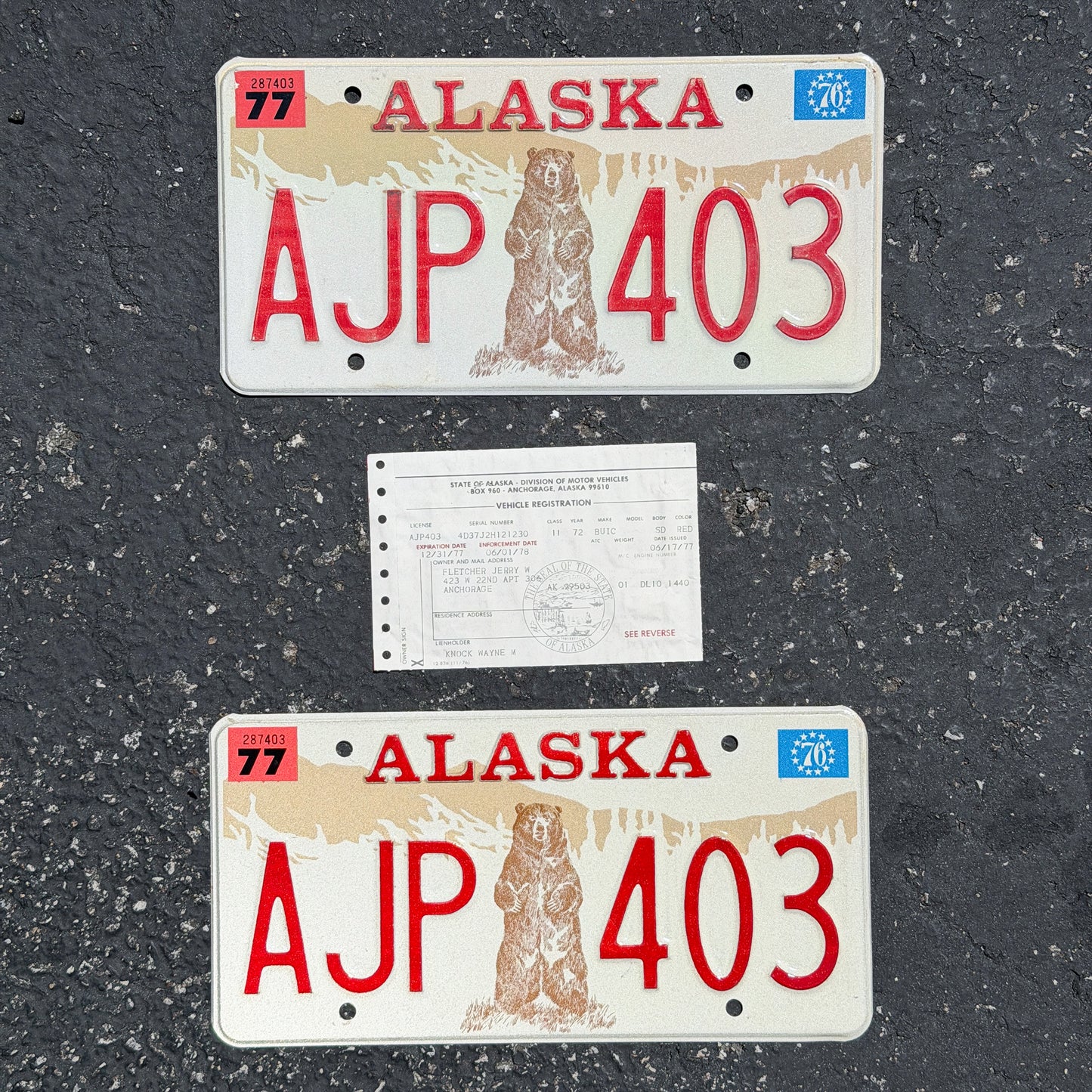 Photo of a 1976 Alaska License Plate Pair Auto Tag Garage Decor Vintage Standing Bear With Registration AJP 403 with original patina