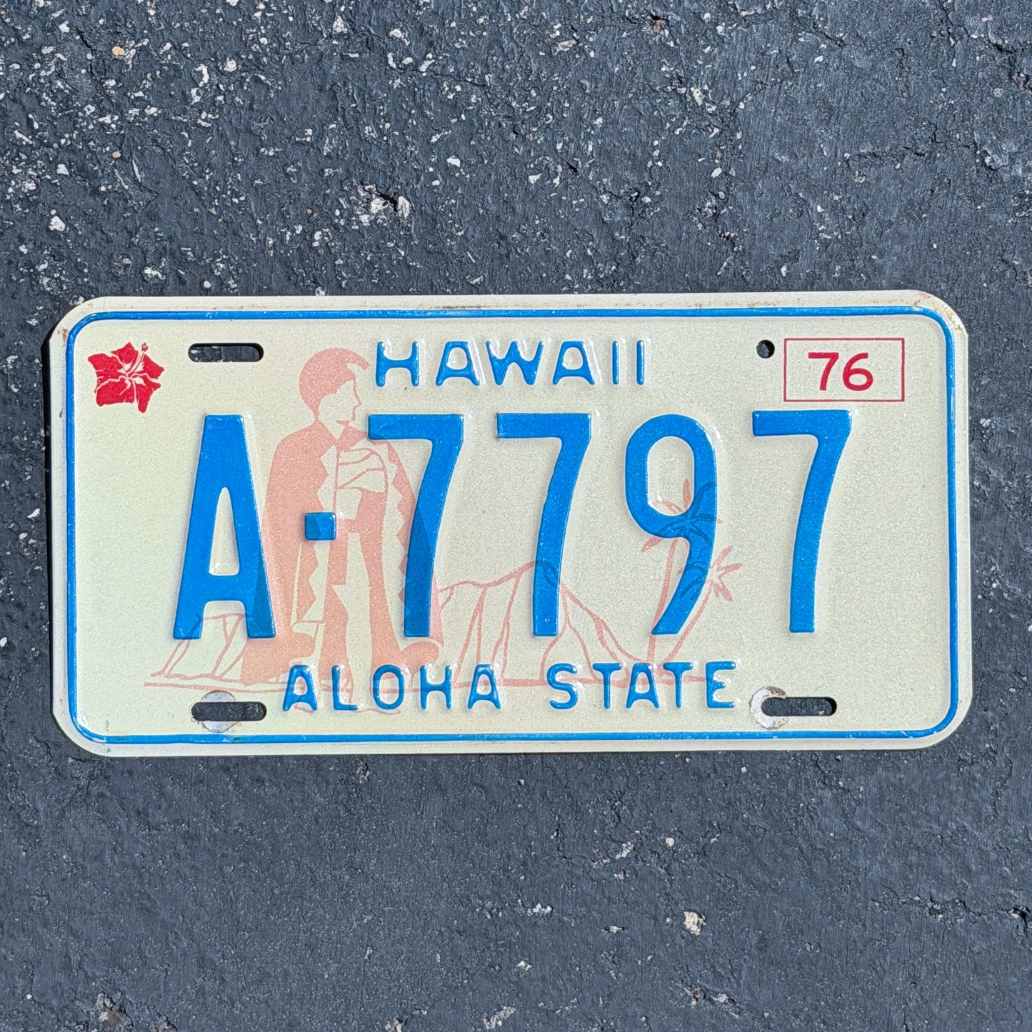 Photo of a 1976 Hawaii License Plate Auto Tag Garage Decor Vintage Honolulu County A 7797 with original patina