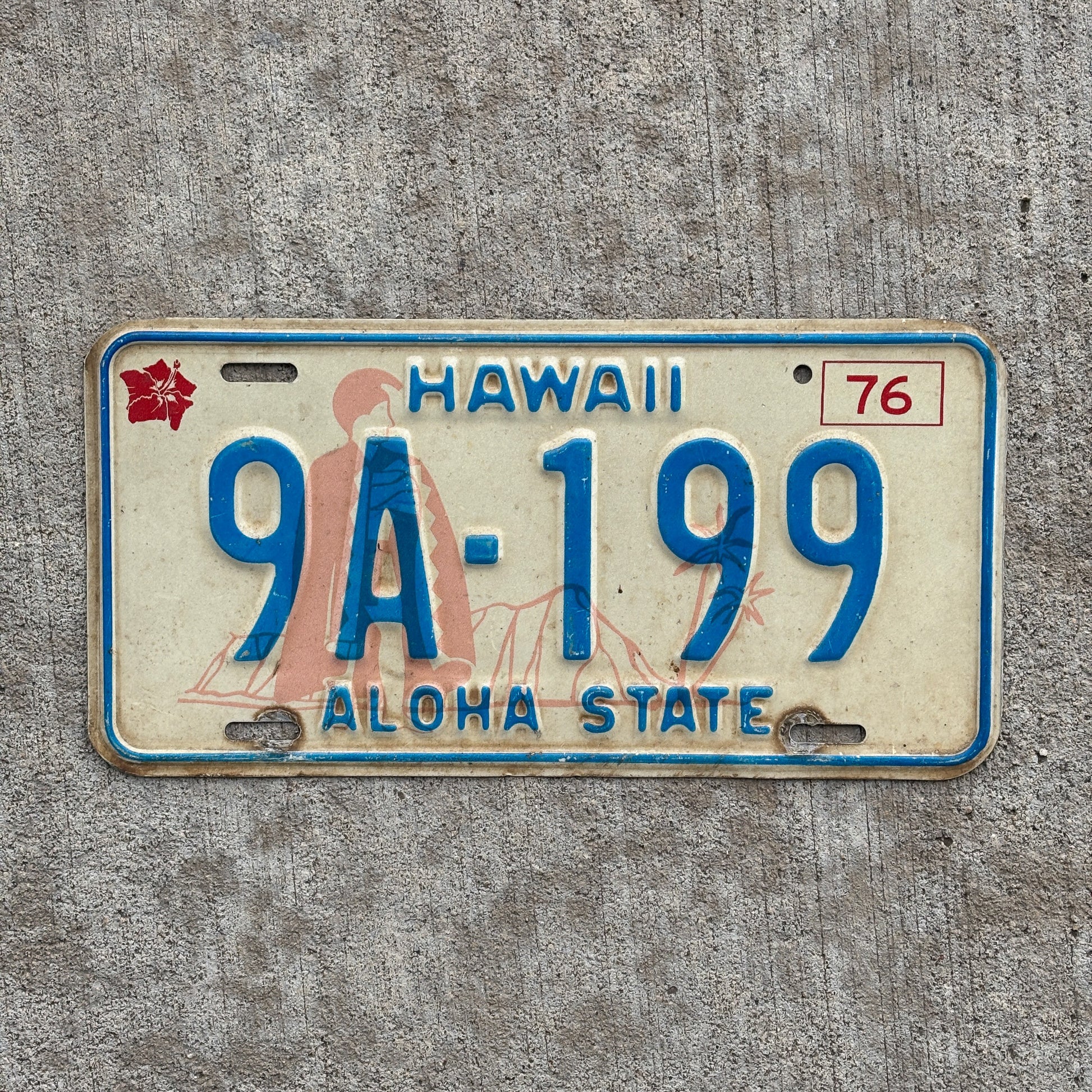 Photo of a 1976 Hawaii License Plate Auto Tag Garage Decor Vintage Tiki Bar Decor Honolulu 9A 199 with original patina