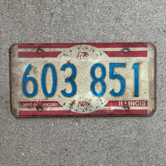 Photo of a 1976 Illinois License Plate Auto Tag 1 Vintage Garage Bicentennial 603 851 with original patina