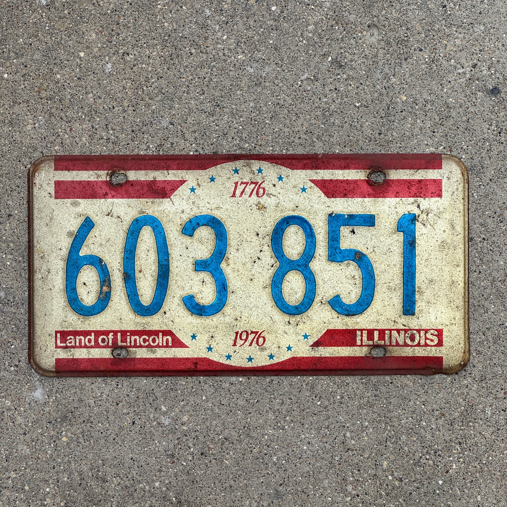 Photo of a 1976 Illinois License Plate Auto Tag 2 Vintage Garage Bicentennial 603 851 with original patina