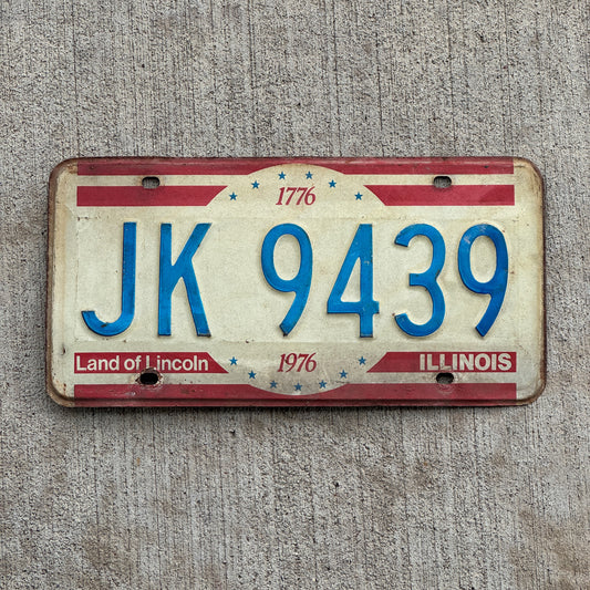 Photo of a 1976 Illinois License Plate Auto Tag 2 Vintage Garage Bicentennial JK 9439 with original patina