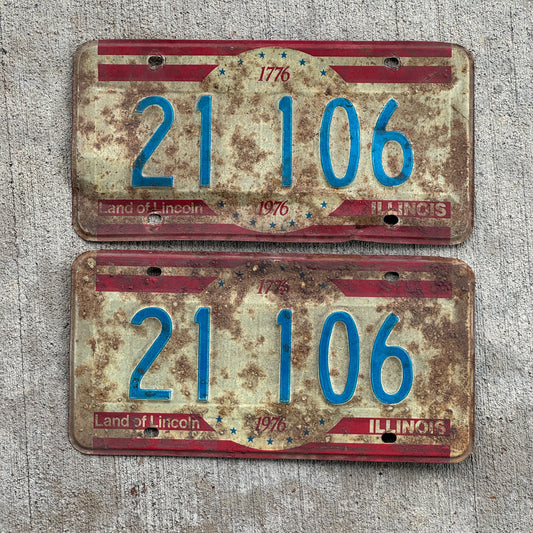 Photo of a 1976 Illinois License Plate Pair Auto Tag Garage Decor Vintage Bicentennial 21 106 with original patina