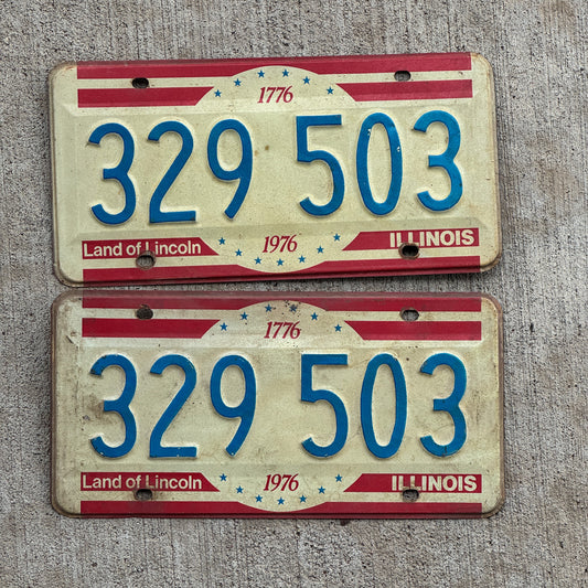 Photo of a 1976 Illinois License Plate Pair Auto Tag Garage Decor Vintage Bicentennial 329 503 with original patina