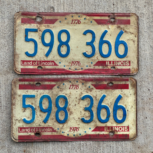 Photo of a 1976 Illinois License Plate Pair Auto Tag Garage Decor Vintage Bicentennial 598 366 with original patina