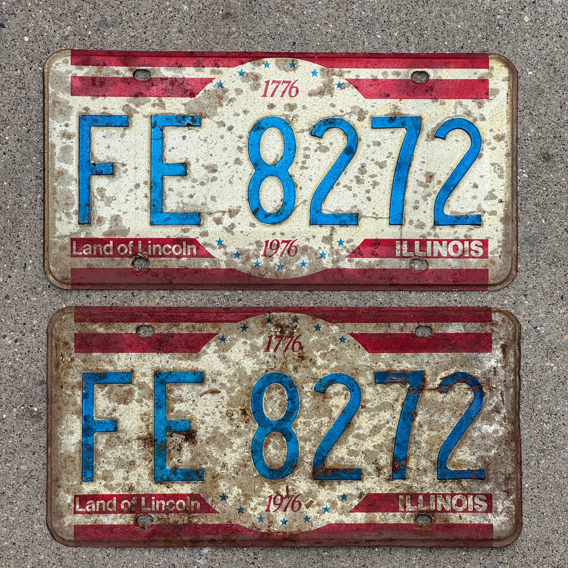Photo of a 1976 Illinois License Plate Pair Auto Tag Garage Decor Vintage Bicentennial FE 8272 with original patina