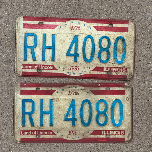 Photo of a 1976 Illinois License Plate Pair Auto Tag Garage Decor Vintage Bicentennial RH 4080 with original patina