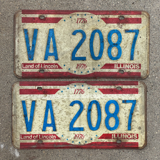 Photo of a 1976 Illinois License Plate Pair Auto Tag Garage Decor Vintage Bicentennial VA 2087 with original patina
