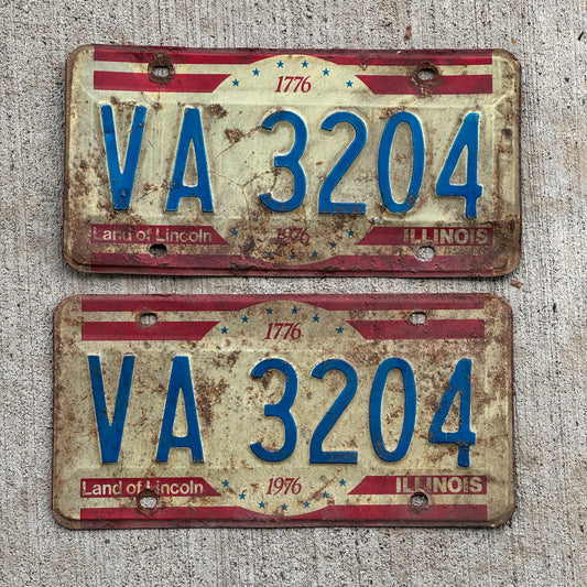 Photo of a 1976 Illinois License Plate Pair Auto Tag Garage Decor Vintage Bicentennial VA 3204 with original patina