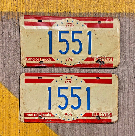 Photo of a 1976 Illinois License Plate Pair Auto Tag Garage Decor Vintage Low Number Four Digit 1551 with original patina