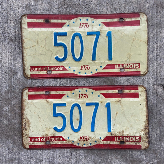 Photo of a 1976 Illinois License Plate Pair Auto Tag Garage Decor Vintage Low Number Four Digit 5071 with original patina