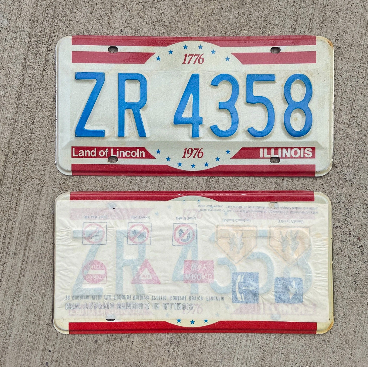 Photo of a 1976 Illinois License Plate Pair Auto Tag Garage Decor Vintage New Old Stock ZR 4358 with original patina