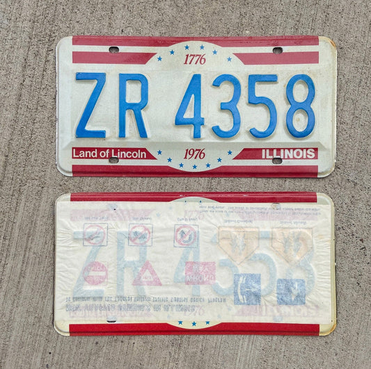 Photo of a 1976 Illinois License Plate Pair Auto Tag Garage Decor Vintage New Old Stock ZR 4358 with original patina