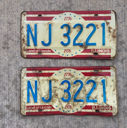 Photo of a 1976 Illinois License Plate Pair Auto Tag Garage Decor Vintage NJ 3221 with original patina