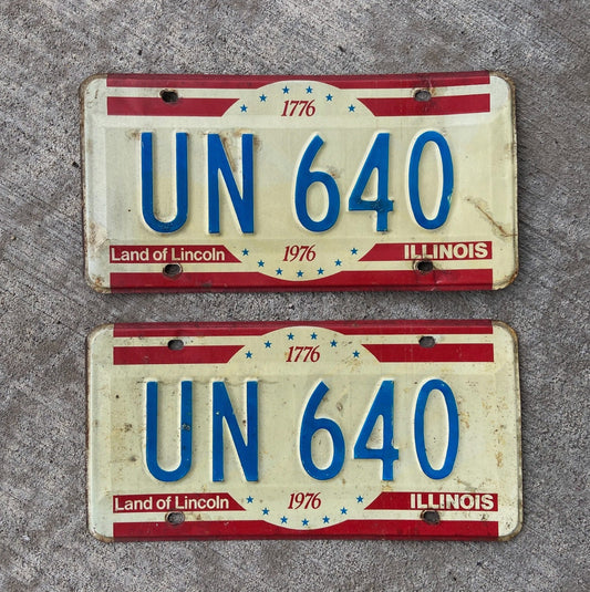 Photo of a 1976 Illinois License Plate Pair Auto Tag Garage Decor Vintage UN 640 with original patina