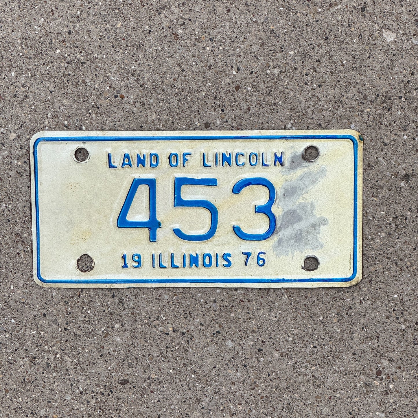 Photo of a 1976 Illinois Motorcycle License Plate Auto Tag Garage Decor Vintage Low Number Three Digit 453 with original patina