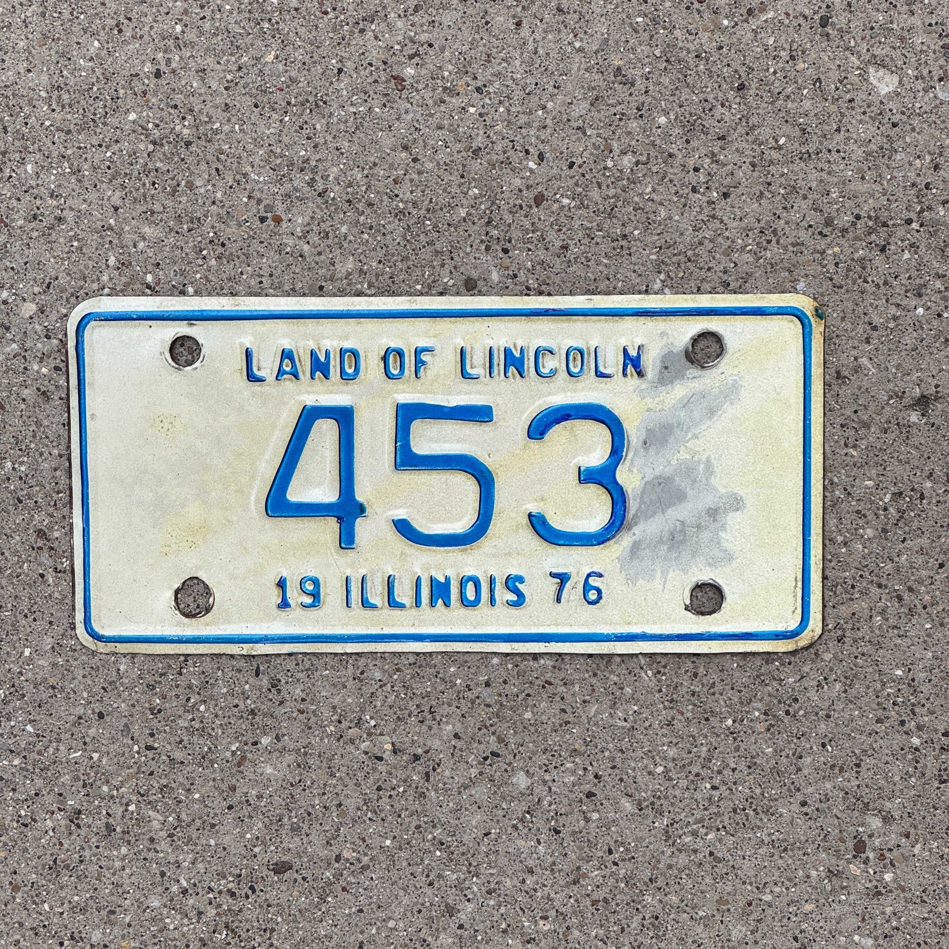 Photo of a 1976 Illinois Motorcycle License Plate Auto Tag Garage Decor Vintage Low Number Three Digit 453 with original patina