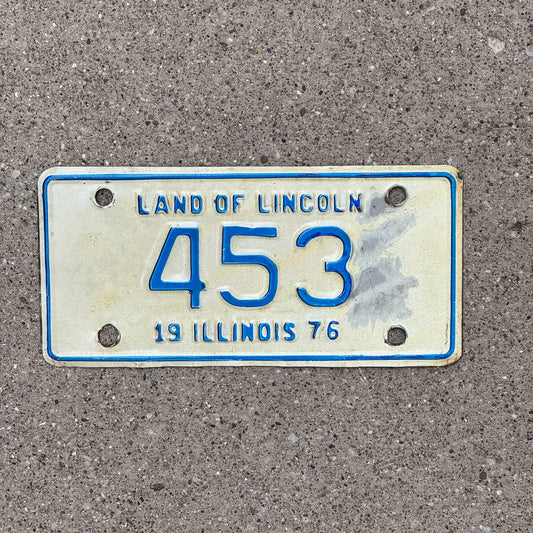 Photo of a 1976 Illinois Motorcycle License Plate Auto Tag Garage Decor Vintage Low Number Three Digit 453 with original patina