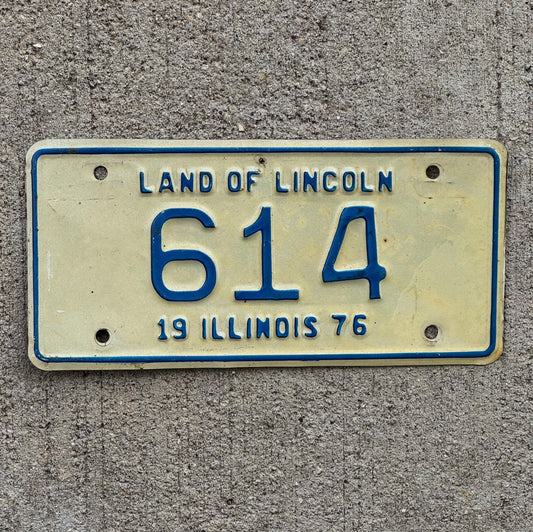Photo of a 1976 Illinois Motorcycle License Plate Auto Tag Garage Decor Vintage Low Number Three Digit 614 with original patina