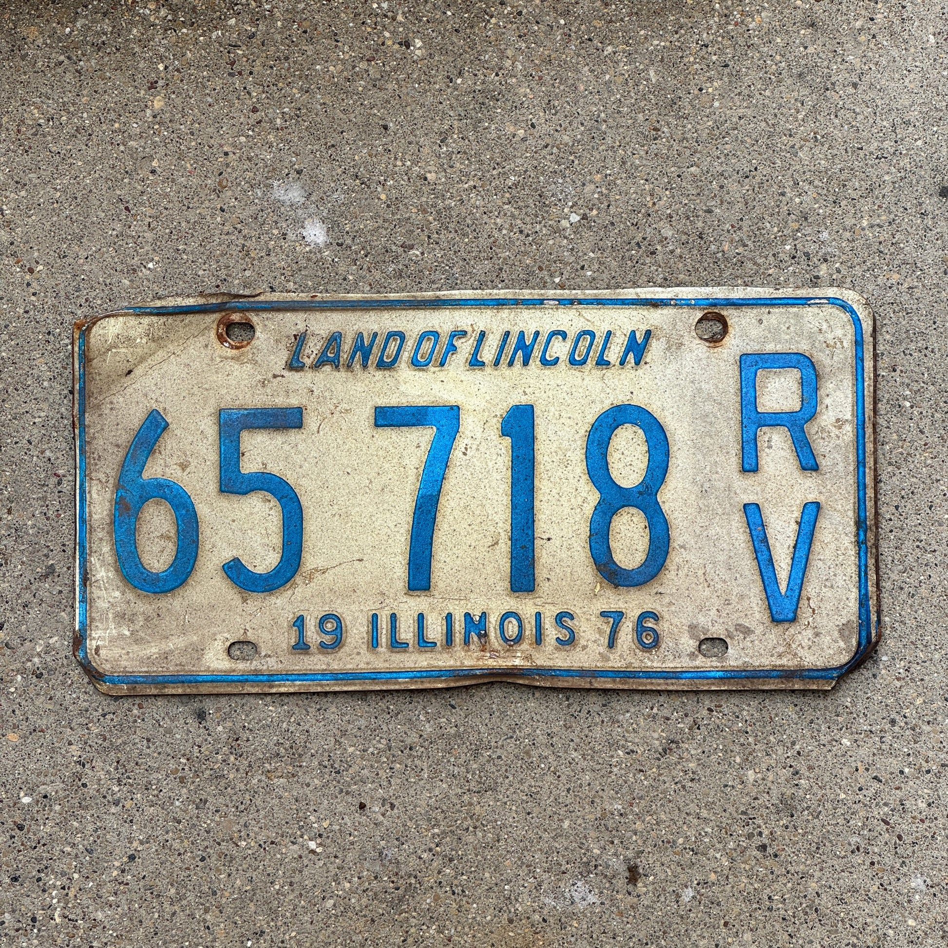 Photo of a 1976 Illinois RV License Plate Auto Tag 2 Vintage Garage 65 718 with original patina