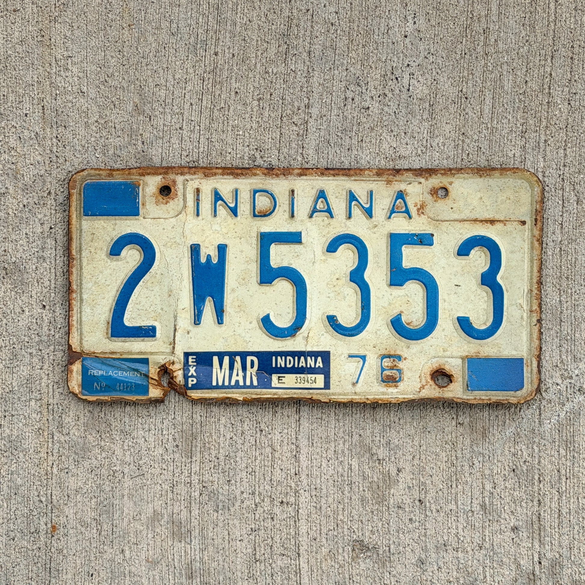 Photo of a 1976 Indiana License Plate Auto Tag Garage Decor Vintage 2 W 5353 with original patina