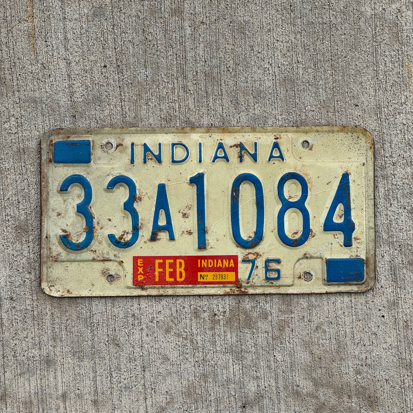 Photo of a 1976 Indiana License Plate Auto Tag Garage Decor Vintage 33 A 1084 with original patina