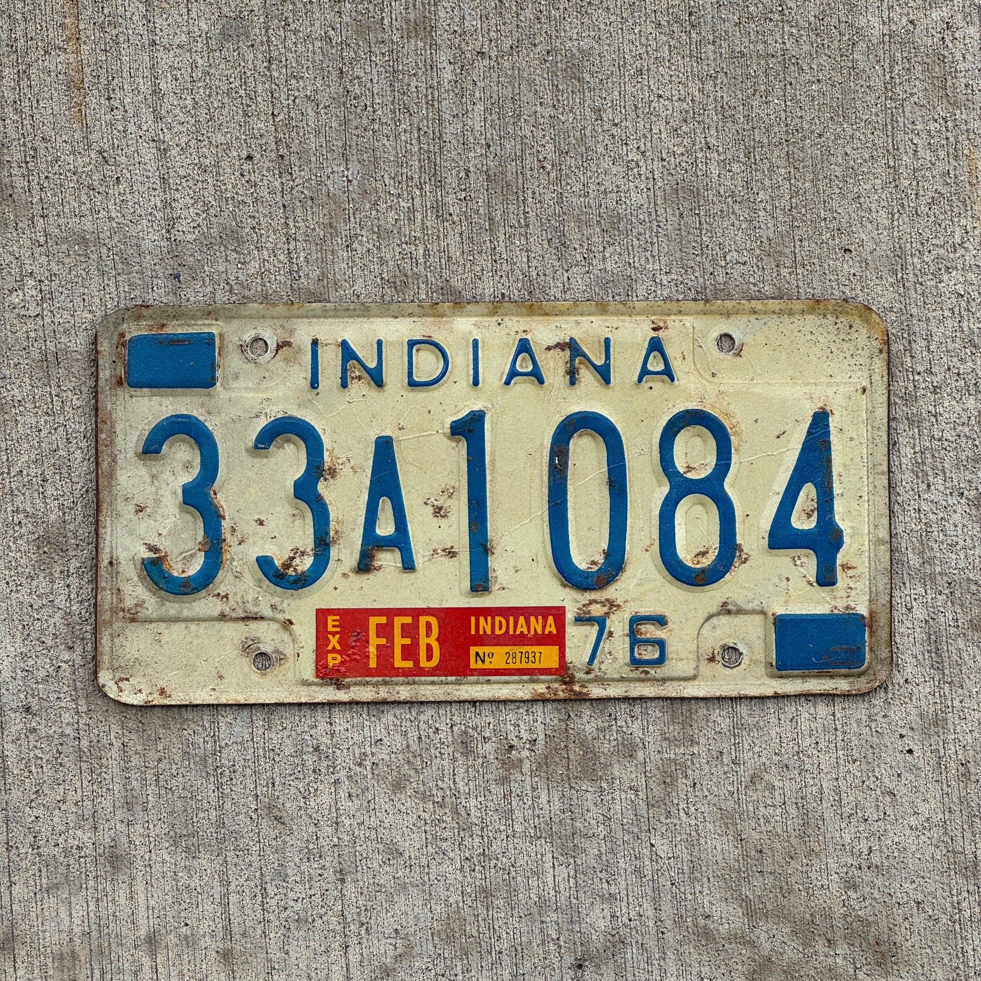 Photo of a 1976 Indiana License Plate Auto Tag Garage Decor Vintage 33 A 1084 with original patina