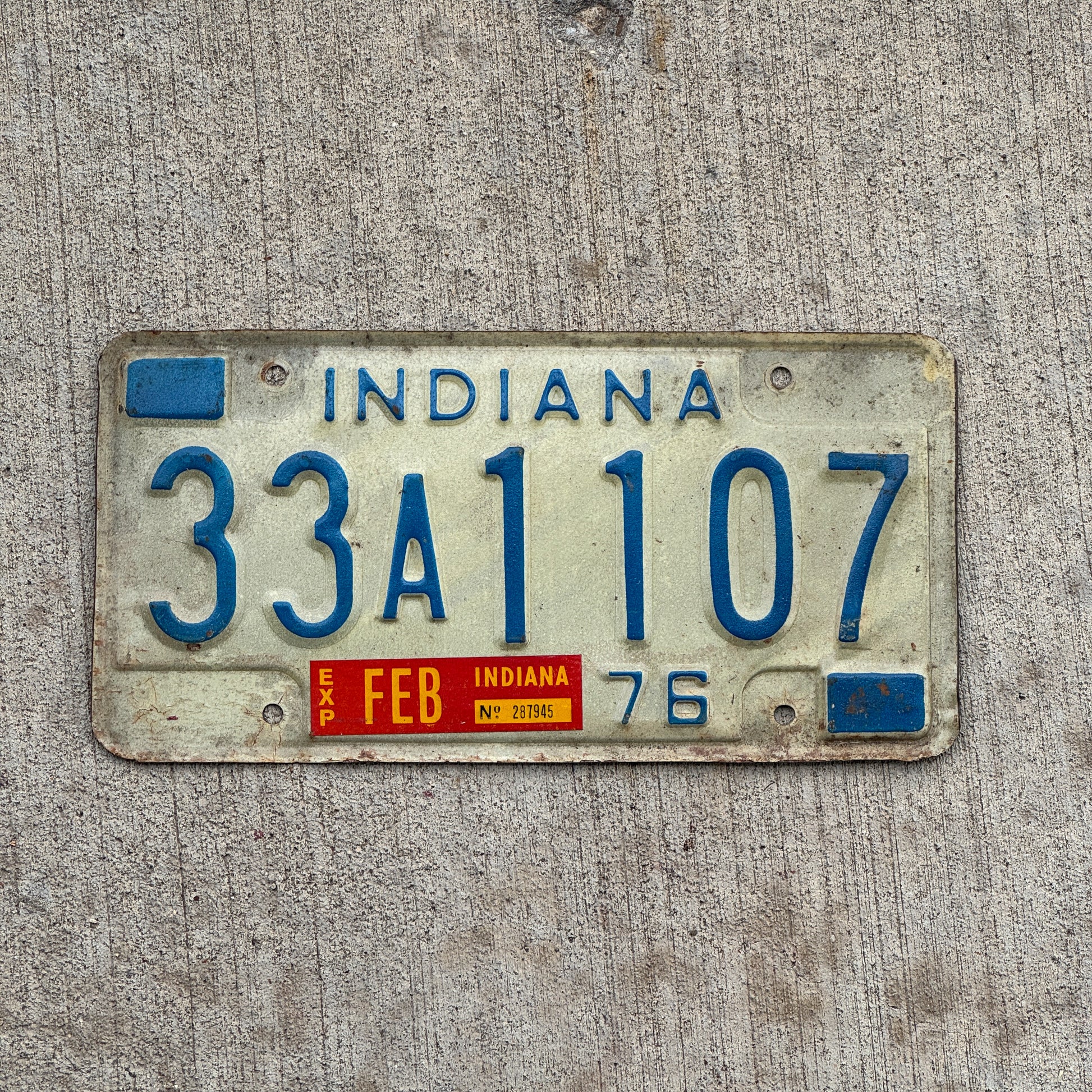 Photo of a 1976 Indiana License Plate Auto Tag Garage Decor Vintage 33 A 1107 with original patina