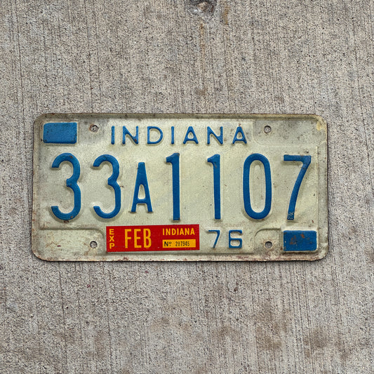Photo of a 1976 Indiana License Plate Auto Tag Garage Decor Vintage 33 A 1107 with original patina