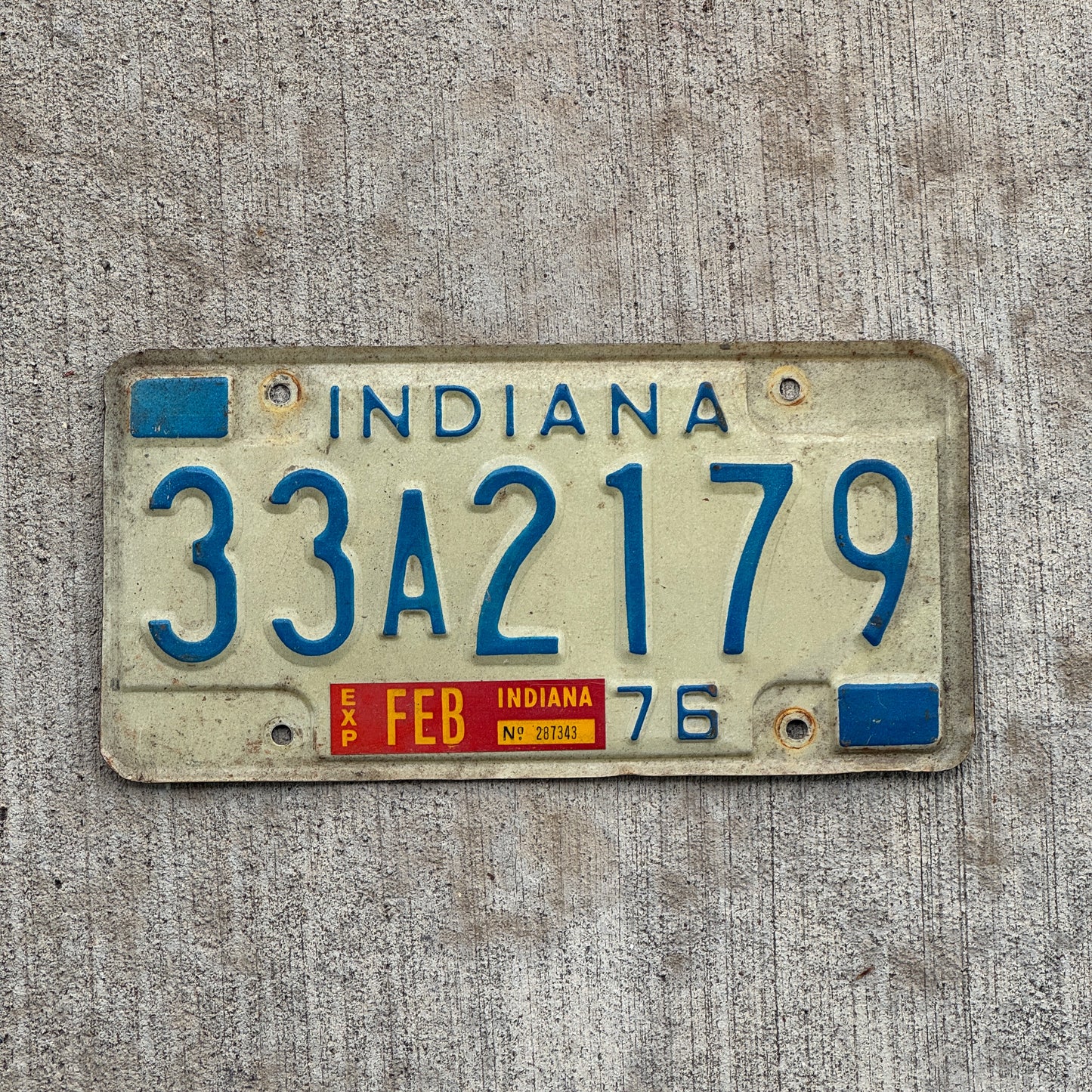 Photo of a 1976 Indiana License Plate Auto Tag Garage Decor Vintage 33 A 2179 with original patina
