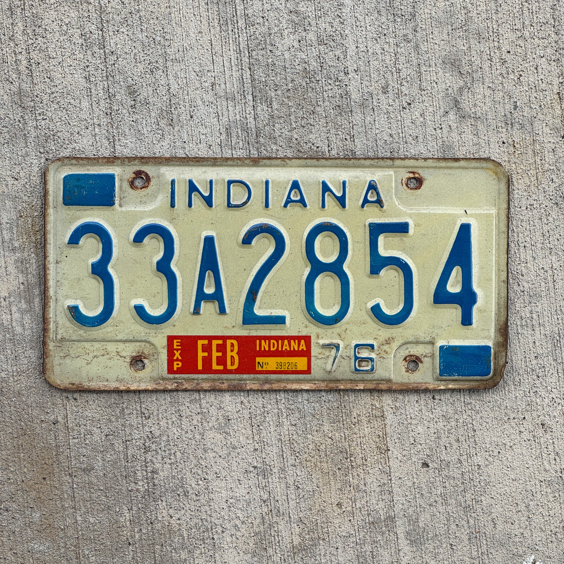 Photo of a 1976 Indiana License Plate Auto Tag Garage Decor Vintage 33 A 2854 with original patina