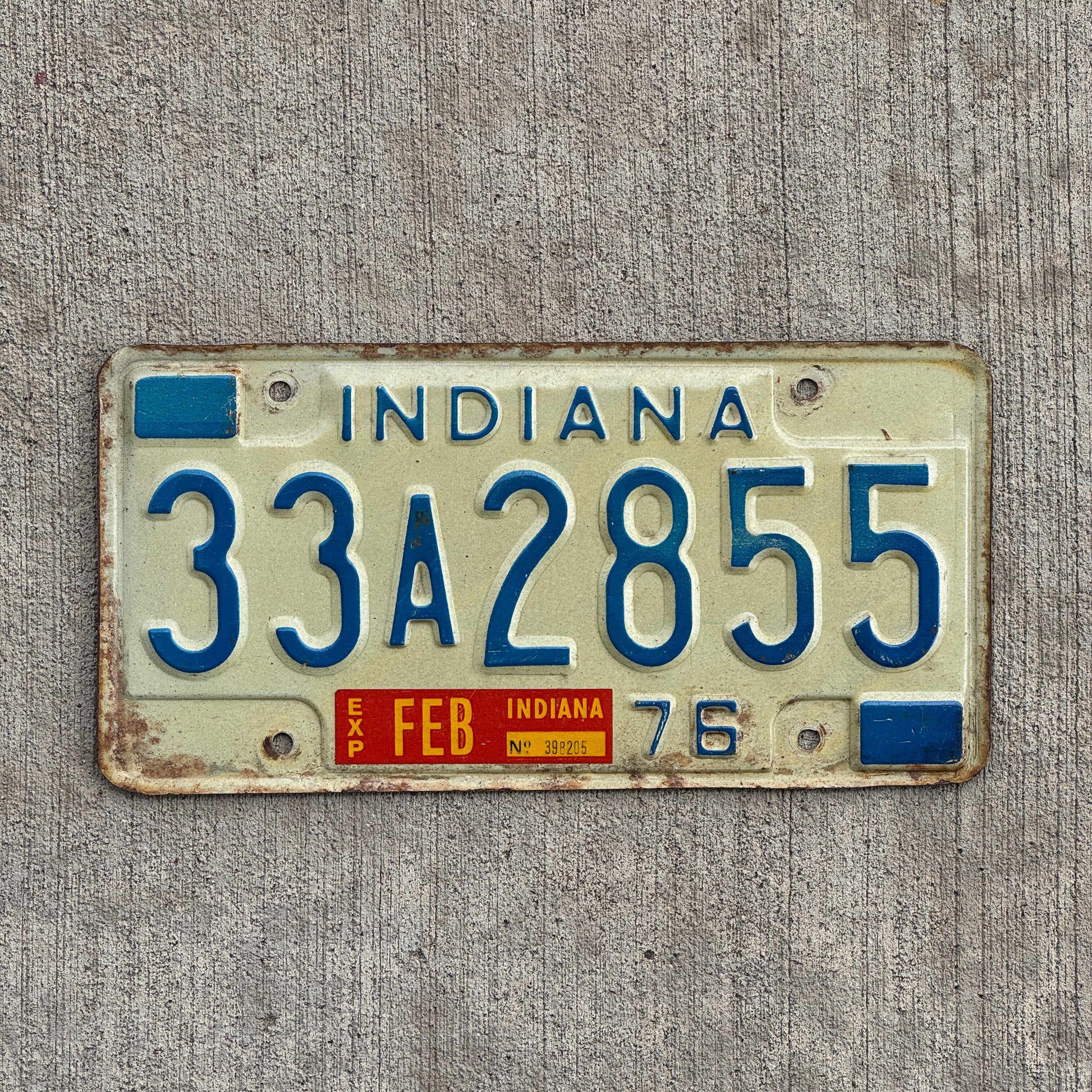 Photo of a 1976 Indiana License Plate Auto Tag Garage Decor Vintage 33 A 2855 with original patina
