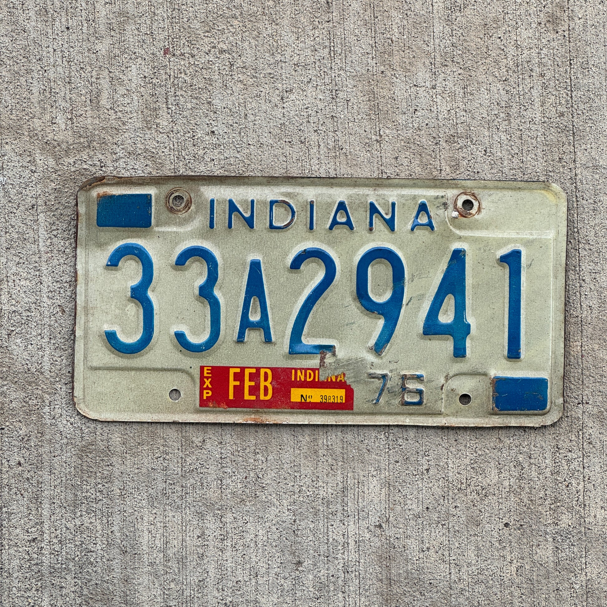 Photo of a 1976 Indiana License Plate Auto Tag Garage Decor Vintage 33 A 2941 with original patina