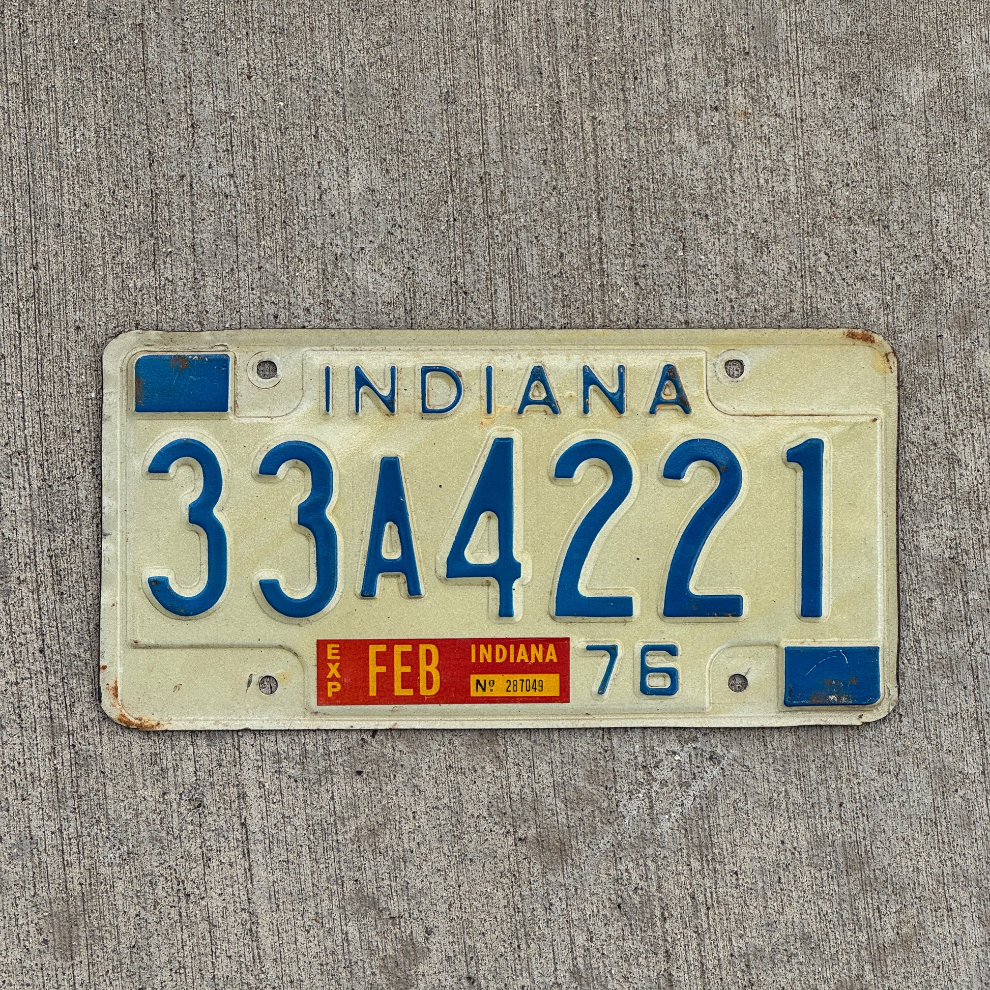 Photo of a 1976 Indiana License Plate Auto Tag Garage Decor Vintage 33 A 4221 with original patina