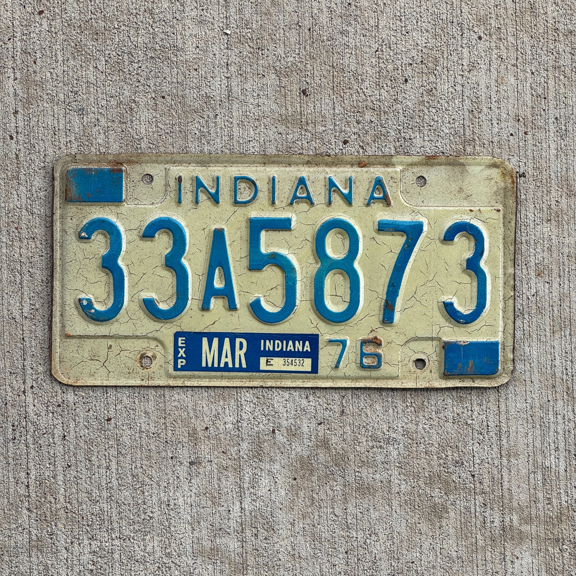 Photo of a 1976 Indiana License Plate Auto Tag Garage Decor Vintage 33 A 5873 with original patina