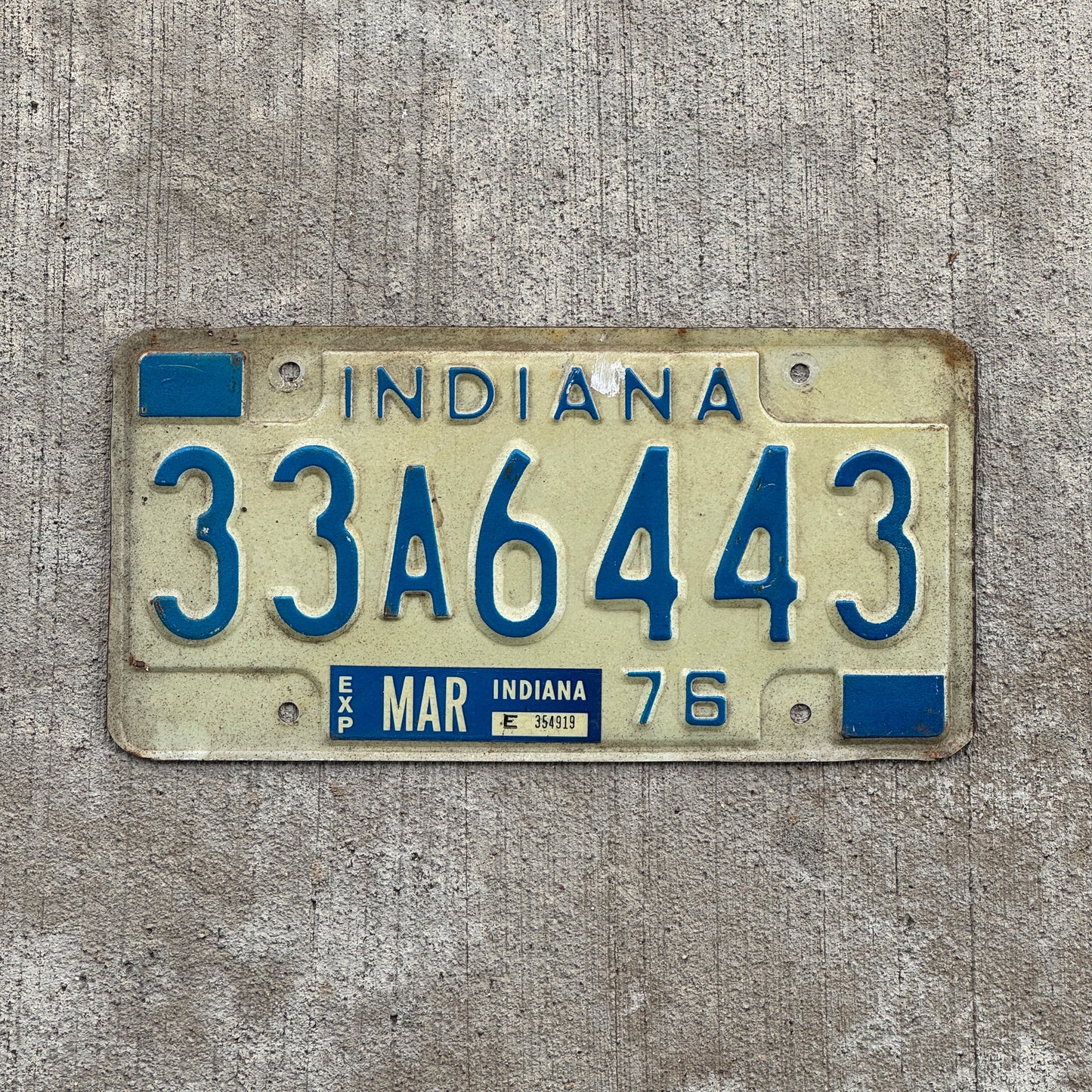 Photo of a 1976 Indiana License Plate Auto Tag Garage Decor Vintage 33 A 6443 with original patina