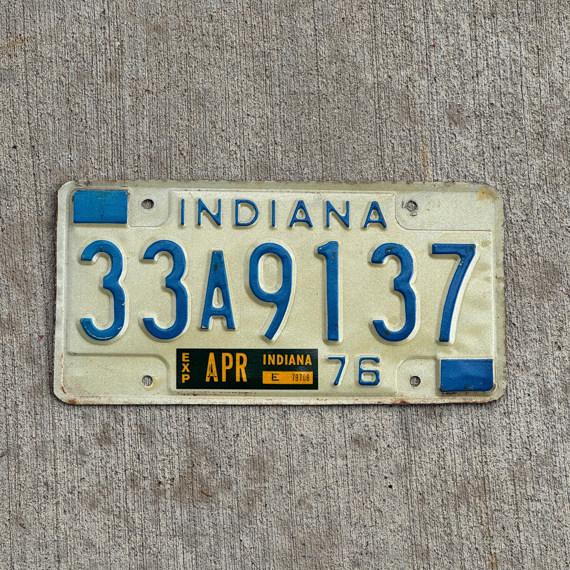 Photo of a 1976 Indiana License Plate Auto Tag Garage Decor Vintage 33 A 9137 with original patina