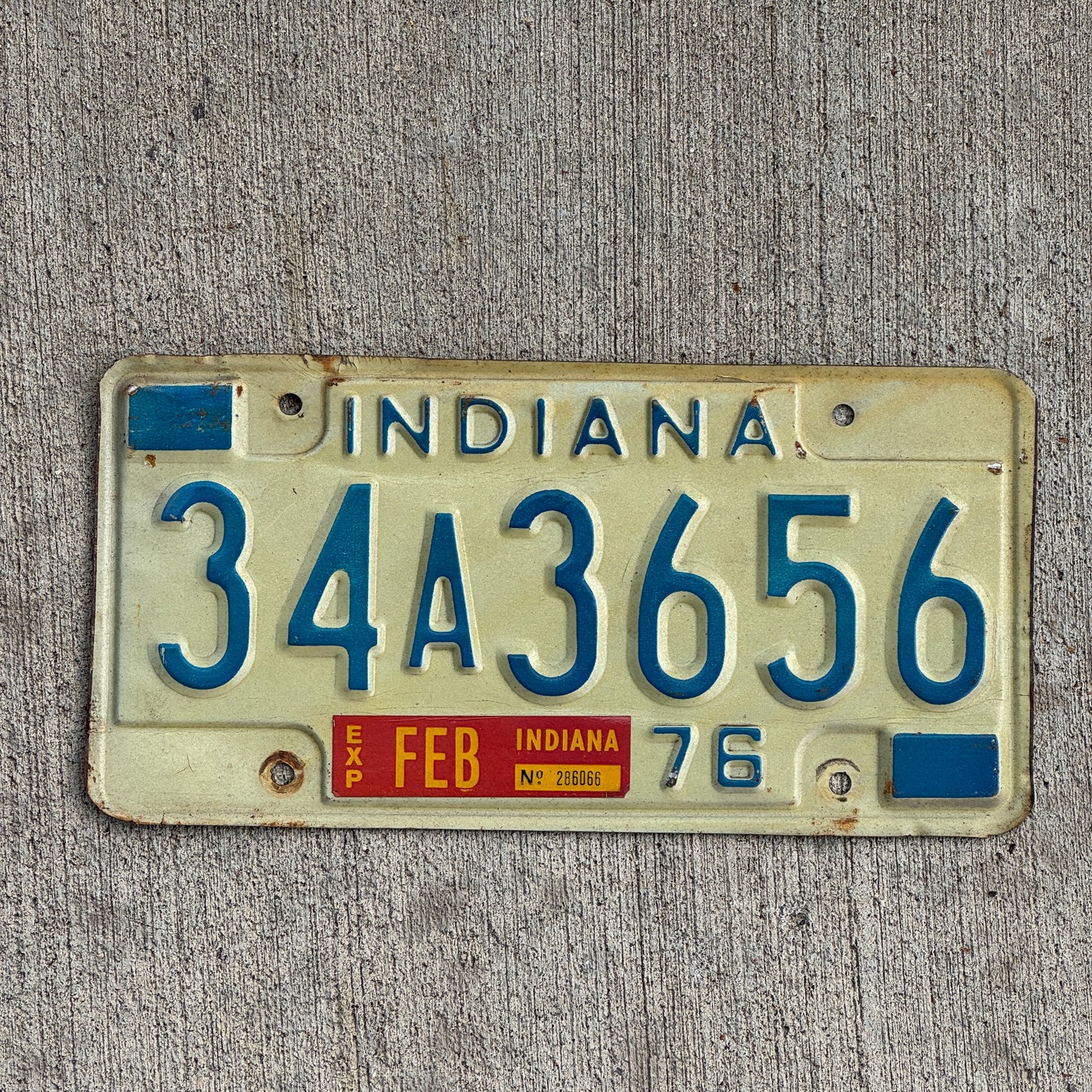 Photo of a 1976 Indiana License Plate Auto Tag Garage Decor Vintage 34 A 3656 with original patina