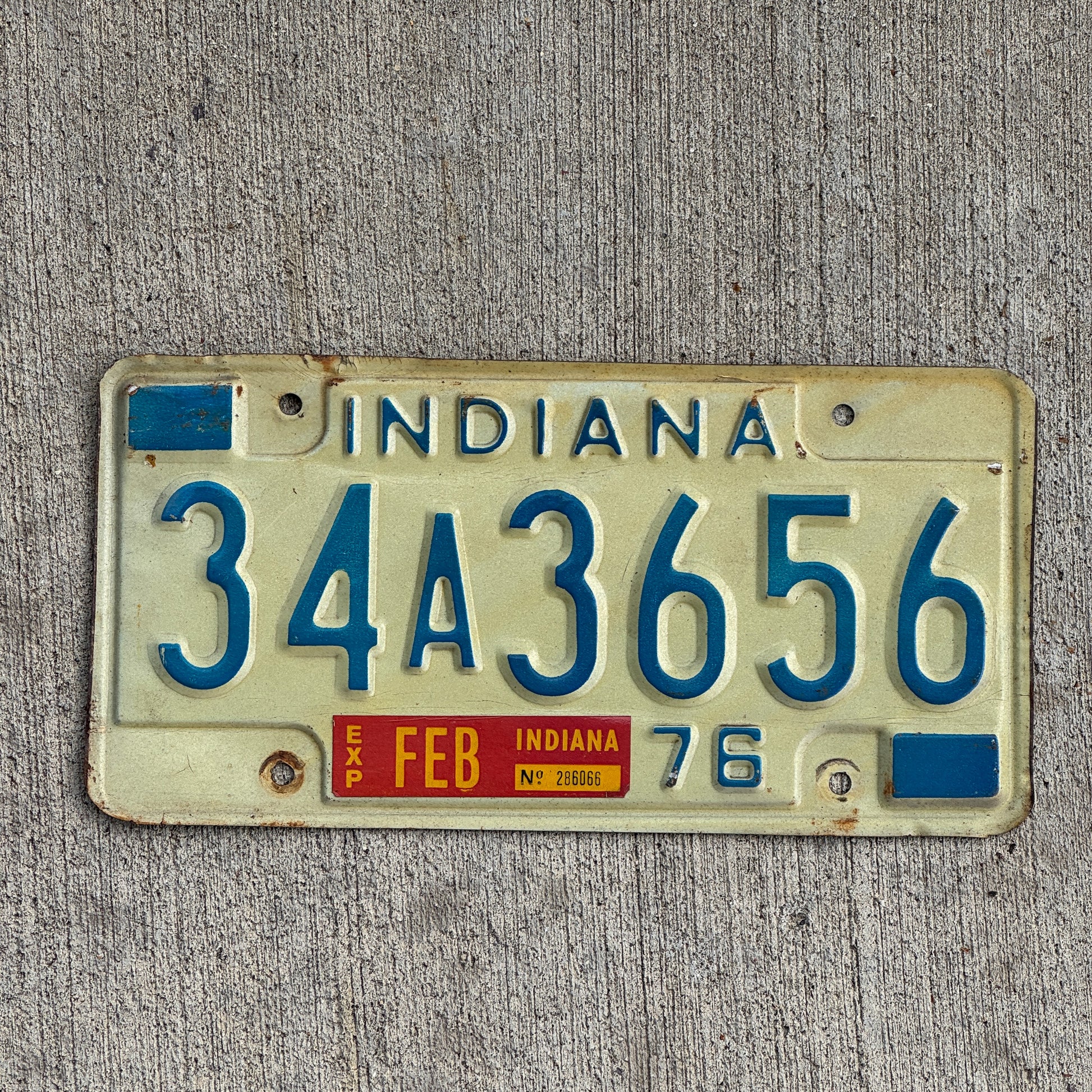 Photo of a 1976 Indiana License Plate Auto Tag Garage Decor Vintage 34 A 3656 with original patina