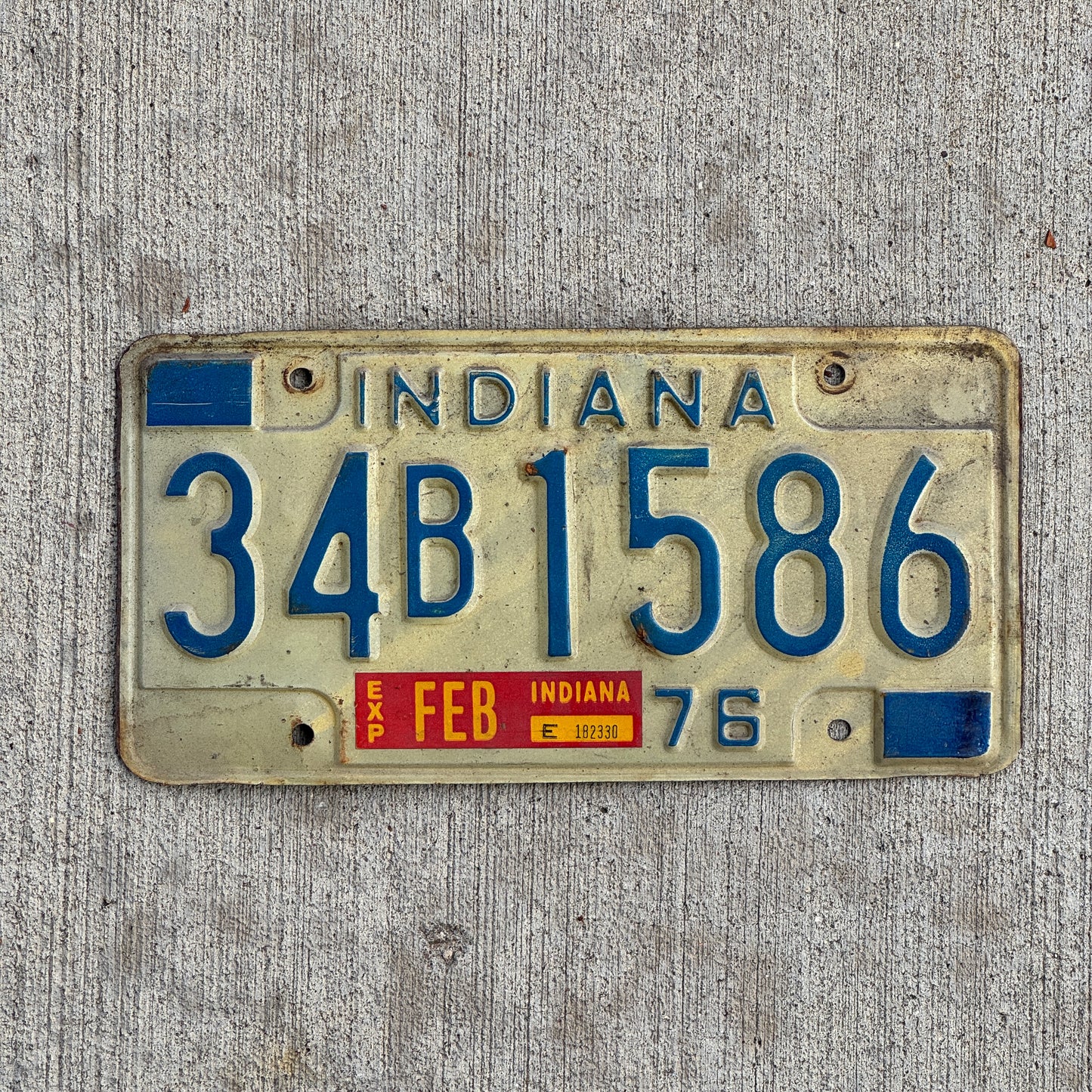 Photo of a 1976 Indiana License Plate Auto Tag Garage Decor Vintage 34 B 1586 with original patina