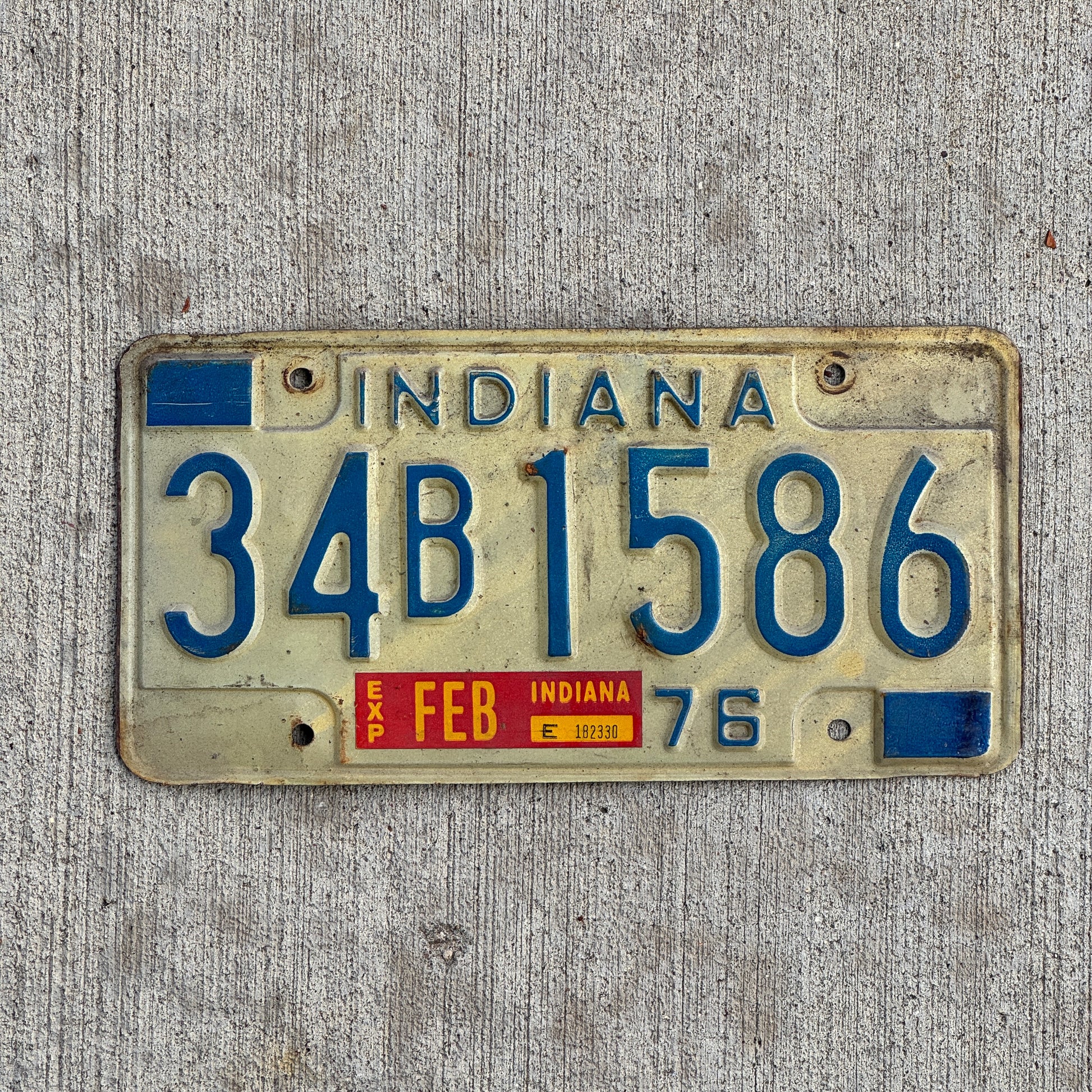 Photo of a 1976 Indiana License Plate Auto Tag Garage Decor Vintage 34 B 1586 with original patina
