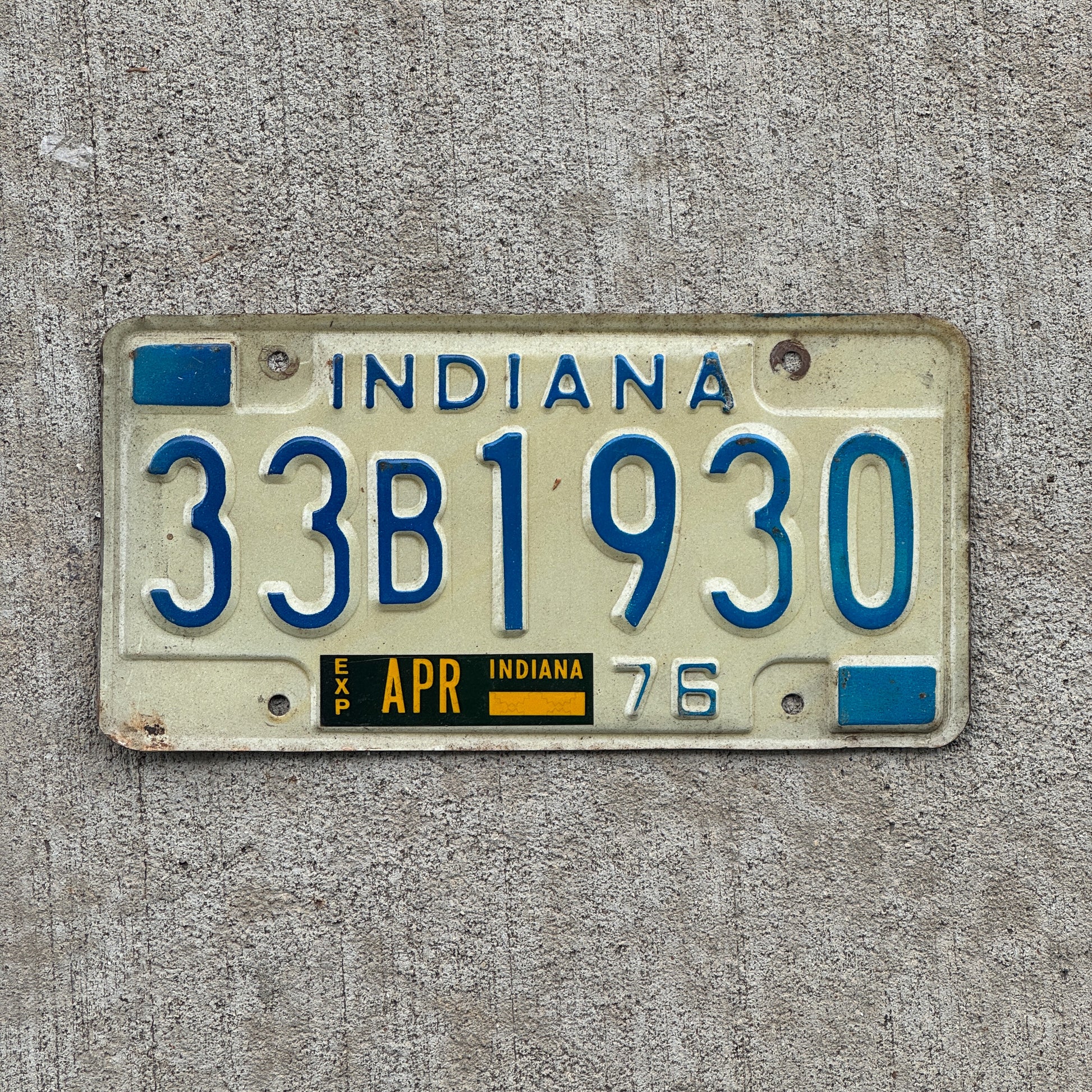 Photo of a 1976 Indiana License Plate Auto Tag Garage Decor Vintage Birth Year 33 B 1930 with original patina