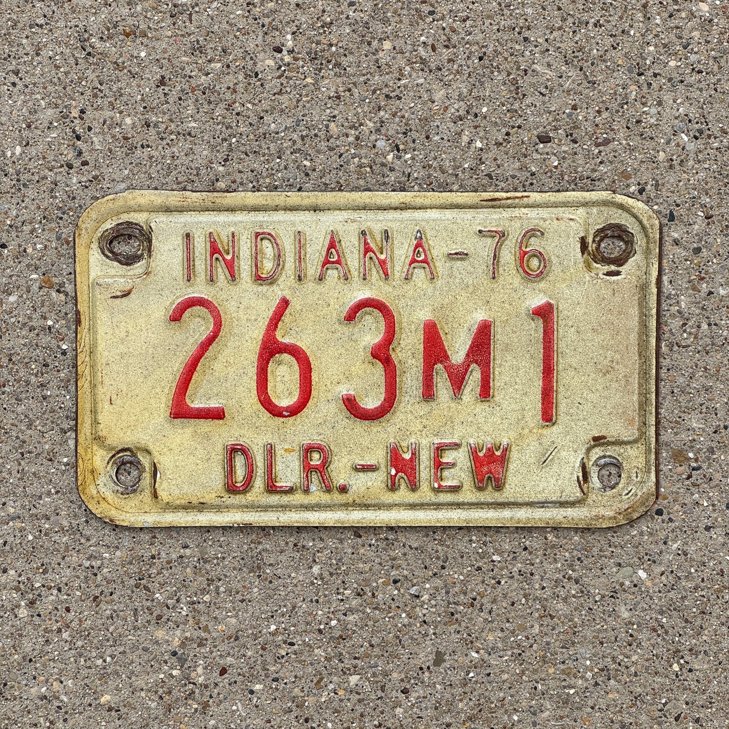 Photo of a 1976 Indiana Motorcycle Dealer License Plate Auto Tag Garage Decor Vintage 263 M 1 with original patina
