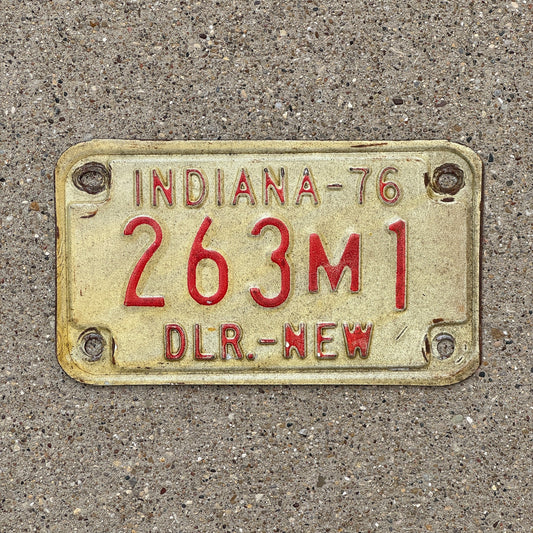 Photo of a 1976 Indiana Motorcycle Dealer License Plate Auto Tag Garage Decor Vintage 263 M 1 with original patina
