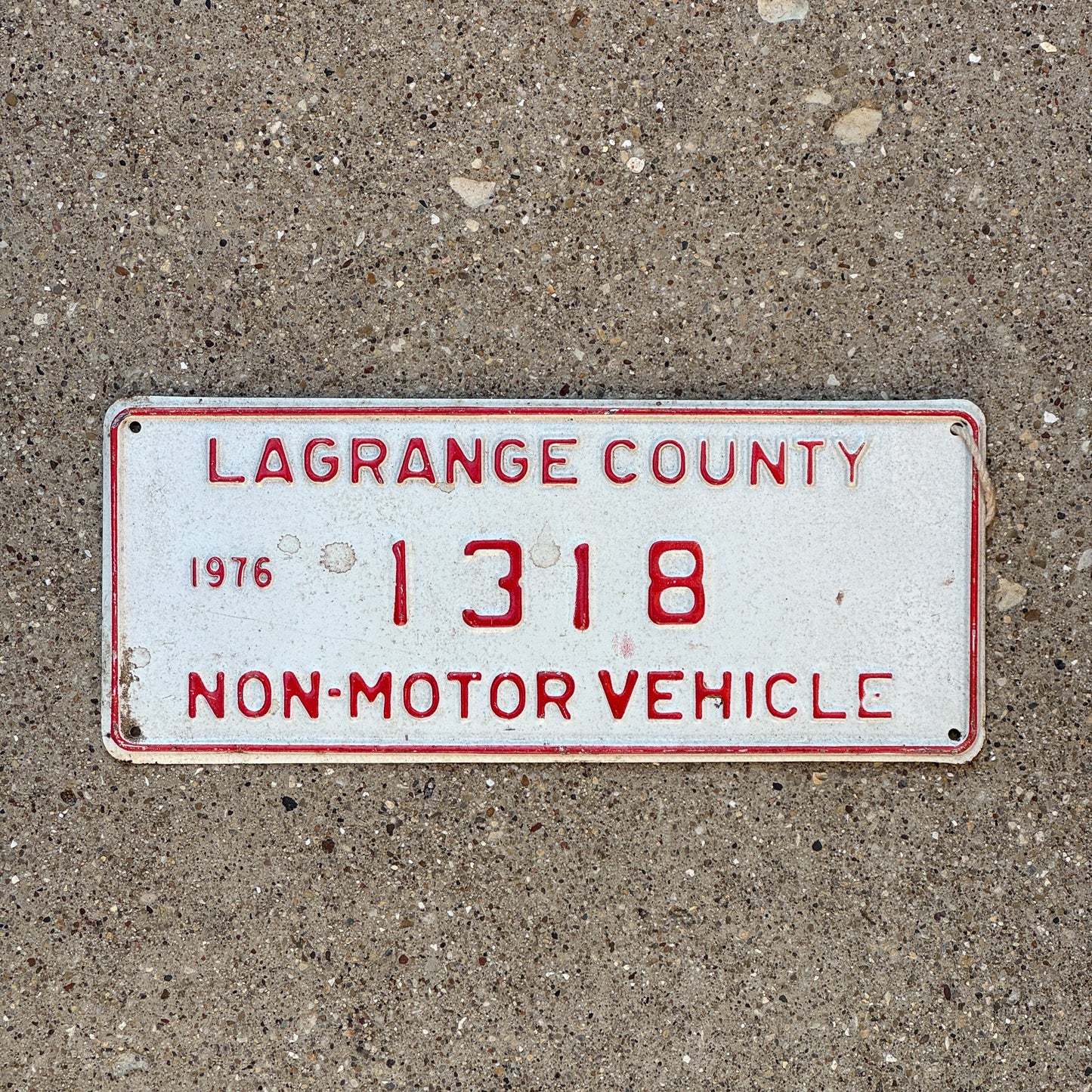 Photo of a 1976 Indiana Non-Motor Vehicle License Plate Auto Tag Garage Decor Vintage Lagrange County 1318